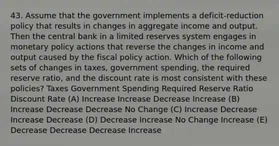 43. Assume that the government implements a deficit-reduction policy that results in changes in aggregate income and output. Then the central bank in a limited reserves system engages in monetary policy actions that reverse the changes in income and output caused by the fiscal policy action. Which of the following sets of changes in taxes, government spending, the required reserve ratio, and the discount rate is most consistent with these policies? Taxes Government Spending Required Reserve Ratio Discount Rate (A) Increase Increase Decrease Increase (B) Increase Decrease Decrease No Change (C) Increase Decrease Increase Decrease (D) Decrease Increase No Change Increase (E) Decrease Decrease Decrease Increase