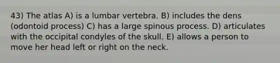 43) The atlas A) is a lumbar vertebra. B) includes the dens (odontoid process) C) has a large spinous process. D) articulates with the occipital condyles of the skull. E) allows a person to move her head left or right on the neck.