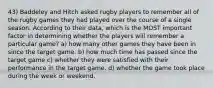 43) Baddeley and Hitch asked rugby players to remember all of the rugby games they had played over the course of a single season. According to their data, which is the MOST important factor in determining whether the players will remember a particular game? a) how many other games they have been in since the target game. b) how much time has passed since the target game c) whether they were satisfied with their performance in the target game. d) whether the game took place during the week or weekend.