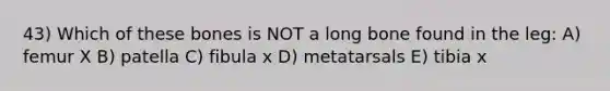 43) Which of these bones is NOT a long bone found in the leg: A) femur X B) patella C) fibula x D) metatarsals E) tibia x