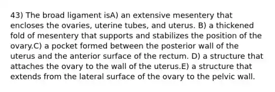 43) The broad ligament isA) an extensive mesentery that encloses the ovaries, uterine tubes, and uterus. B) a thickened fold of mesentery that supports and stabilizes the position of the ovary.C) a pocket formed between the posterior wall of the uterus and the anterior surface of the rectum. D) a structure that attaches the ovary to the wall of the uterus.E) a structure that extends from the lateral surface of the ovary to the pelvic wall.