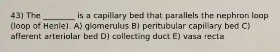 43) The ________ is a capillary bed that parallels the nephron loop (loop of Henle). A) glomerulus B) peritubular capillary bed C) afferent arteriolar bed D) collecting duct E) vasa recta