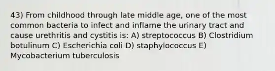 43) From childhood through late middle age, one of the most common bacteria to infect and inflame the urinary tract and cause urethritis and cystitis is: A) streptococcus B) Clostridium botulinum C) Escherichia coli D) staphylococcus E) Mycobacterium tuberculosis