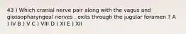 43 ) Which cranial nerve pair along with the vagus and glossopharyngeal nerves , exits through the jugular foramen ? A ) IV B ) V C ) VIII D ) XI E ) XII