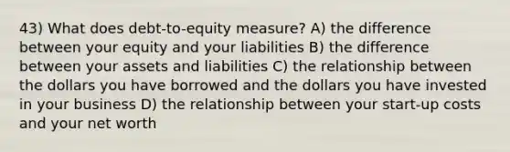 43) What does debt-to-equity measure? A) the difference between your equity and your liabilities B) the difference between your assets and liabilities C) the relationship between the dollars you have borrowed and the dollars you have invested in your business D) the relationship between your start-up costs and your net worth