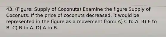 43. (Figure: Supply of Coconuts) Examine the figure Supply of Coconuts. If the price of coconuts decreased, it would be represented in the figure as a movement from: A) C to A. B) E to B. C) B to A. D) A to B.