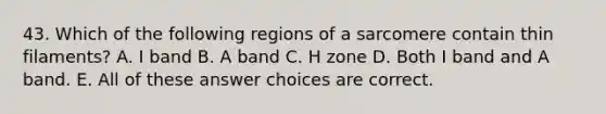 43. Which of the following regions of a sarcomere contain thin filaments? A. I band B. A band C. H zone D. Both I band and A band. E. All of these answer choices are correct.