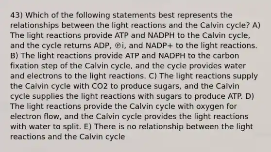 43) Which of the following statements best represents the relationships between the light reactions and the Calvin cycle? A) The light reactions provide ATP and NADPH to the Calvin cycle, and the cycle returns ADP, ℗i, and NADP+ to the light reactions. B) The light reactions provide ATP and NADPH to the carbon fixation step of the Calvin cycle, and the cycle provides water and electrons to the light reactions. C) The light reactions supply the Calvin cycle with CO2 to produce sugars, and the Calvin cycle supplies the light reactions with sugars to produce ATP. D) The light reactions provide the Calvin cycle with oxygen for electron flow, and the Calvin cycle provides the light reactions with water to split. E) There is no relationship between the light reactions and the Calvin cycle