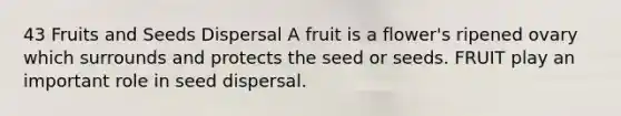 43 Fruits and Seeds Dispersal A fruit is a flower's ripened ovary which surrounds and protects the seed or seeds. FRUIT play an important role in seed dispersal.