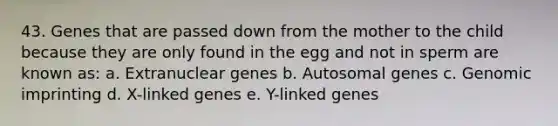 43. Genes that are passed down from the mother to the child because they are only found in the egg and not in sperm are known as: a. Extranuclear genes b. Autosomal genes c. Genomic imprinting d. X-linked genes e. Y-linked genes