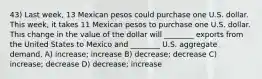 43) Last week, 13 Mexican pesos could purchase one U.S. dollar. This week, it takes 11 Mexican pesos to purchase one U.S. dollar. This change in the value of the dollar will ________ exports from the United States to Mexico and ________ U.S. aggregate demand. A) increase; increase B) decrease; decrease C) increase; decrease D) decrease; increase