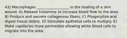 43) Macrophages __________________ in the healing of a skin wound. A) Release histamine to increase blood flow to the area. B) Produce and secrete collagenous fibers. C) Phagocytize and digest tissue debris. D) Stimulate epithelial cells to multiply. E) Make capillaries more permeable allowing white blood cells to migrate into the area.