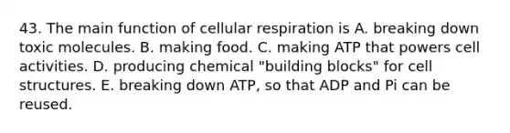 43. The main function of cellular respiration is A. breaking down toxic molecules. B. making food. C. making ATP that powers cell activities. D. producing chemical "building blocks" for cell structures. E. breaking down ATP, so that ADP and Pi can be reused.