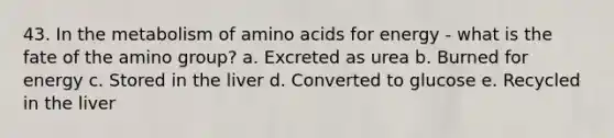 43. In the metabolism of amino acids for energy - what is the fate of the amino group? a. Excreted as urea b. Burned for energy c. Stored in the liver d. Converted to glucose e. Recycled in the liver