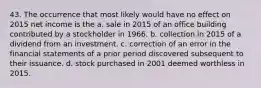 43. The occurrence that most likely would have no effect on 2015 net income is the a. sale in 2015 of an office building contributed by a stockholder in 1966. b. collection in 2015 of a dividend from an investment. c. correction of an error in the financial statements of a prior period discovered subsequent to their issuance. d. stock purchased in 2001 deemed worthless in 2015.