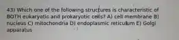 43) Which one of the following structures is characteristic of BOTH eukaryotic and prokaryotic cells? A) cell membrane B) nucleus C) mitochondria D) endoplasmic reticulum E) Golgi apparatus