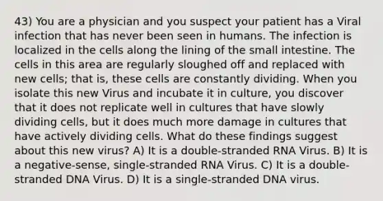 43) You are a physician and you suspect your patient has a Viral infection that has never been seen in humans. The infection is localized in the cells along the lining of <a href='https://www.questionai.com/knowledge/kt623fh5xn-the-small-intestine' class='anchor-knowledge'>the small intestine</a>. The cells in this area are regularly sloughed off and replaced with new cells; that is, these cells are constantly dividing. When you isolate this new Virus and incubate it in culture, you discover that it does not replicate well in cultures that have slowly dividing cells, but it does much more damage in cultures that have actively dividing cells. What do these findings suggest about this new virus? A) It is a double-stranded RNA Virus. B) It is a negative-sense, single-stranded RNA Virus. C) It is a double-stranded DNA Virus. D) It is a single-stranded DNA virus.