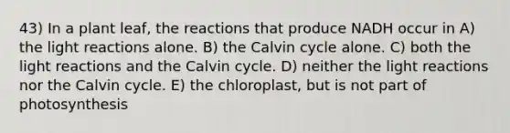 43) In a plant leaf, the reactions that produce NADH occur in A) the <a href='https://www.questionai.com/knowledge/kSUoWrrvoC-light-reactions' class='anchor-knowledge'>light reactions</a> alone. B) the Calvin cycle alone. C) both the light reactions and the Calvin cycle. D) neither the light reactions nor the Calvin cycle. E) the chloroplast, but is not part of photosynthesis