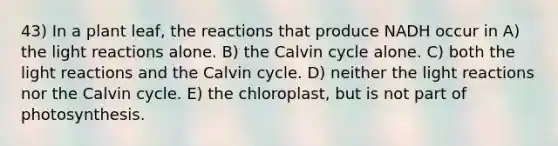 43) In a plant leaf, the reactions that produce NADH occur in A) the light reactions alone. B) the Calvin cycle alone. C) both the light reactions and the Calvin cycle. D) neither the light reactions nor the Calvin cycle. E) the chloroplast, but is not part of photosynthesis.