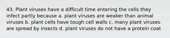 43. Plant viruses have a difficult time entering the cells they infect partly because a. plant viruses are weaker than animal viruses b. plant cells have tough cell walls c. many plant viruses are spread by insects d. plant viruses do not have a protein coat