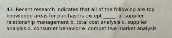 43. Recent research indicates that all of the following are top knowledge areas for purchasers except _____. a. supplier relationship management b. total cost analysis c. supplier analysis d. consumer behavior e. competitive market analysis