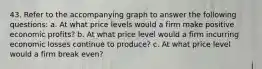 43. Refer to the accompanying graph to answer the following questions: a. At what price levels would a firm make positive economic profits? b. At what price level would a firm incurring economic losses continue to produce? c. At what price level would a firm break even?