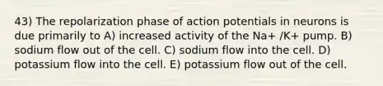 43) The repolarization phase of action potentials in neurons is due primarily to A) increased activity of the Na+ /K+ pump. B) sodium flow out of the cell. C) sodium flow into the cell. D) potassium flow into the cell. E) potassium flow out of the cell.