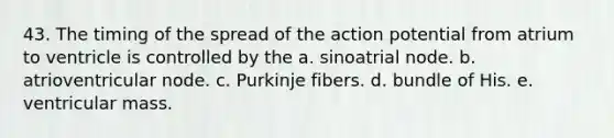 43. The timing of the spread of the action potential from atrium to ventricle is controlled by the a. sinoatrial node. b. atrioventricular node. c. Purkinje fibers. d. bundle of His. e. ventricular mass.