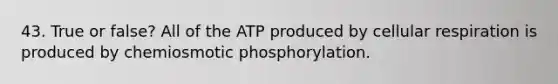 43. True or false? All of the ATP produced by cellular respiration is produced by chemiosmotic phosphorylation.