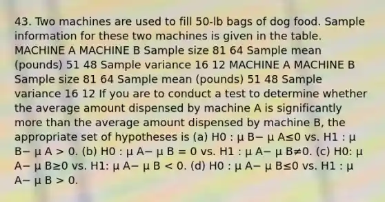 43. Two machines are used to fill 50-lb bags of dog food. Sample information for these two machines is given in the table. MACHINE A MACHINE B Sample size 81 64 Sample mean (pounds) 51 48 Sample variance 16 12 MACHINE A MACHINE B Sample size 81 64 Sample mean (pounds) 51 48 Sample variance 16 12 If you are to conduct a test to determine whether the average amount dispensed by machine A is significantly more than the average amount dispensed by machine B, the appropriate set of hypotheses is (a) H0 : µ B− µ A≤0 vs. H1 : µ B− µ A > 0. (b) H0 : µ A− µ B = 0 vs. H1 : µ A− µ B≠0. (c) H0: µ A− µ B≥0 vs. H1: µ A− µ B 0.