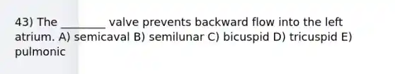 43) The ________ valve prevents backward flow into the left atrium. A) semicaval B) semilunar C) bicuspid D) tricuspid E) pulmonic