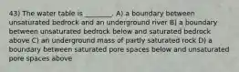 43) The water table is ________. A) a boundary between unsaturated bedrock and an underground river B) a boundary between unsaturated bedrock below and saturated bedrock above C) an underground mass of partly saturated rock D) a boundary between saturated pore spaces below and unsaturated pore spaces above