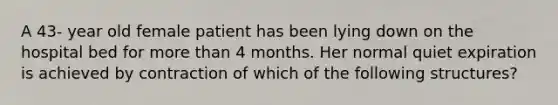 A 43- year old female patient has been lying down on the hospital bed for more than 4 months. Her normal quiet expiration is achieved by contraction of which of the following structures?