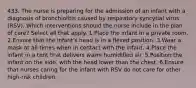 433. The nurse is preparing for the admission of an infant with a diagnosis of bronchiolitis caused by respiratory syncytial virus (RSV). Which interventions should the nurse include in the plan of care? Select all that apply. 1.Place the infant in a private room. 2.Ensure that the infant's head is in a flexed position. 3.Wear a mask at all times when in contact with the infant. 4.Place the infant in a tent that delivers warm humidified air. 5.Position the infant on the side, with the head lower than the chest. 6.Ensure that nurses caring for the infant with RSV do not care for other high-risk children.