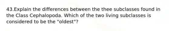 43.Explain the differences between the thee subclasses found in the Class Cephalopoda. Which of the two living subclasses is considered to be the "oldest"?