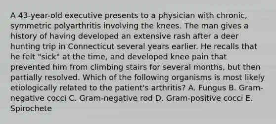 A 43-year-old executive presents to a physician with chronic, symmetric polyarthritis involving the knees. The man gives a history of having developed an extensive rash after a deer hunting trip in Connecticut several years earlier. He recalls that he felt "sick" at the time, and developed knee pain that prevented him from climbing stairs for several months, but then partially resolved. Which of the following organisms is most likely etiologically related to the patient's arthritis? A. Fungus B. Gram-negative cocci C. Gram-negative rod D. Gram-positive cocci E. Spirochete