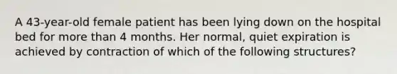 A 43-year-old female patient has been lying down on the hospital bed for <a href='https://www.questionai.com/knowledge/keWHlEPx42-more-than' class='anchor-knowledge'>more than</a> 4 months. Her normal, quiet expiration is achieved by contraction of which of the following structures?