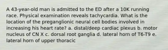 A 43-year-old man is admitted to the ED after a 10K running race. Physical examination reveals tachycardia. What is the location of the preganglionic neural cell bodies involved in increasing his heart rate? a. distal/deep cardiac plexus b. motor nucleus of CN X c. dorsal root ganglia d. lateral horn of T6-T9 e. lateral horn of upper thoracic