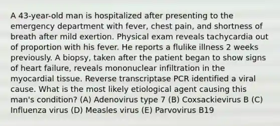 A 43-year-old man is hospitalized after presenting to the emergency department with fever, chest pain, and shortness of breath after mild exertion. Physical exam reveals tachycardia out of proportion with his fever. He reports a flulike illness 2 weeks previously. A biopsy, taken after the patient began to show signs of heart failure, reveals mononuclear infiltration in the myocardial tissue. Reverse transcriptase PCR identified a viral cause. What is the most likely etiological agent causing this man's condition? (A) Adenovirus type 7 (B) Coxsackievirus B (C) Influenza virus (D) Measles virus (E) Parvovirus B19