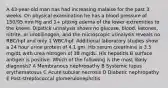 A 43-year-old man has had increasing malaise for the past 3 weeks. On physical examination he has a blood pressure of 150/95 mm Hg and 1+ pitting edema of the lower extremities to the knees. Dipstick urinalysis shows no glucose, blood, ketones, nitrite, or urobilinogen, and the microscopic urinalysis reveals no RBC/hpf and only 1 WBC/hpf. Additional laboratory studies show a 24 hour urine protein of 4.1 gm. His serum creatinine is 3.5 mg/dL with urea nitrogen of 38 mg/dL. His hepatitis B surface antigen is positive. Which of the following is the most likely diagnosis? A Membranous nephropathy B Systemic lupus erythematosus C Acute tubular necrosis D Diabetic nephropathy E Post-streptococcal glomerulonephritis