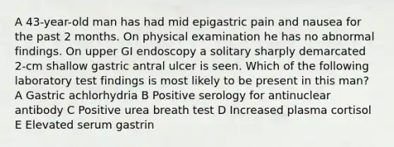 A 43-year-old man has had mid epigastric pain and nausea for the past 2 months. On physical examination he has no abnormal findings. On upper GI endoscopy a solitary sharply demarcated 2-cm shallow gastric antral ulcer is seen. Which of the following laboratory test findings is most likely to be present in this man? A Gastric achlorhydria B Positive serology for antinuclear antibody C Positive urea breath test D Increased plasma cortisol E Elevated serum gastrin