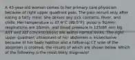 A 43-year-old woman comes to her primary care physician because of right upper quadrant pain. The pain occurs only after eating a fatty meal. She denies any sick contacts, fever, and chills. Her temperature is 37.6°C (99.5°F), pulse is 92/min, respirations are 18/min, and blood pressure is 125/80 mm Hg. AST and ALT concentrations are within normal limits. The right upper quadrant ultrasound of her abdomen is inconclusive because of her body habitus and a follow-up CT scan of the abdomen is ordered, the results of which are shown below. Which of the following is the most likely diagnosis?