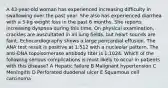 A 43-year-old woman has experienced increasing difficulty in swallowing over the past year. She also has experienced diarrhea with a 5-kg weight loss in the past 6 months. She reports increasing dyspnea during this time. On physical examination, crackles are auscultated in all lung fields, but heart sounds are faint. Echocardiography shows a large pericardial effusion. The ANA test result is positive at 1:512 with a nucleolar pattern. The anti-DNA topoisomerase antibody titer is 1:1024. Which of the following serious complications is most likely to occur in patients with this disease? A Hepatic failure B Malignant hypertension C Meningitis D Perforated duodenal ulcer E Squamous cell carcinoma