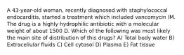 A 43-year-old woman, recently diagnosed with staphylococcal endocarditis, started a treatment which included vancomycin IM. The drug is a highly hydrophilic antibiotic with a molecular weight of about 1500 D. Which of the following was most likely the main site of distribution of this drugs? A) Total body water B) Extracellular fluids C) Cell cytosol D) Plasma E) Fat tissue