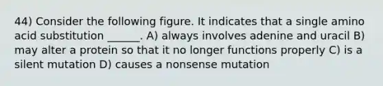 44) Consider the following figure. It indicates that a single amino acid substitution ______. A) always involves adenine and uracil B) may alter a protein so that it no longer functions properly C) is a silent mutation D) causes a nonsense mutation