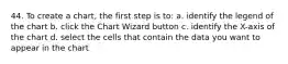 44. To create a chart, the first step is to: a. identify the legend of the chart b. click the Chart Wizard button c. identify the X-axis of the chart d. select the cells that contain the data you want to appear in the chart