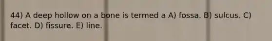 44) A deep hollow on a bone is termed a A) fossa. B) sulcus. C) facet. D) fissure. E) line.