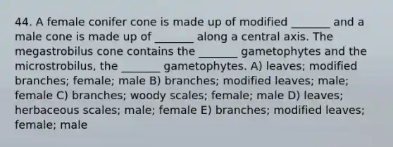 44. A female conifer cone is made up of modified _______ and a male cone is made up of _______ along a central axis. The megastrobilus cone contains the _______ gametophytes and the microstrobilus, the _______ gametophytes. A) leaves; modified branches; female; male B) branches; modified leaves; male; female C) branches; woody scales; female; male D) leaves; herbaceous scales; male; female E) branches; modified leaves; female; male