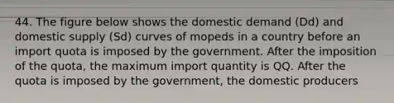 44. The figure below shows the domestic demand (Dd) and domestic supply (Sd) curves of mopeds in a country before an import quota is imposed by the government. After the imposition of the quota, the maximum import quantity is QQ. After the quota is imposed by the government, the domestic producers