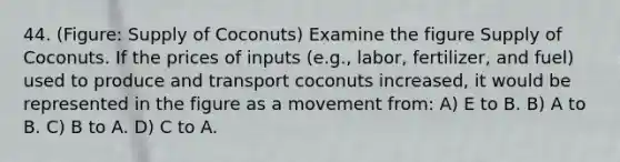 44. (Figure: Supply of Coconuts) Examine the figure Supply of Coconuts. If the prices of inputs (e.g., labor, fertilizer, and fuel) used to produce and transport coconuts increased, it would be represented in the figure as a movement from: A) E to B. B) A to B. C) B to A. D) C to A.